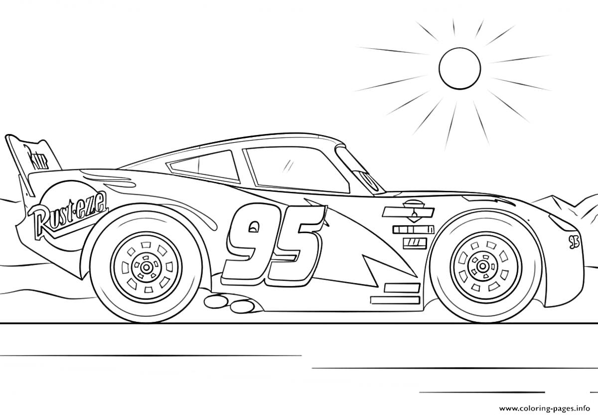 Раскраска Молния Маккуин на гоночной трассе на фоне солнца и гор
