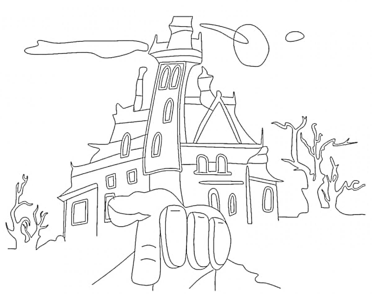 На раскраске изображено: Замок, Рука, Деревья, Семейка Аддамс, Луна