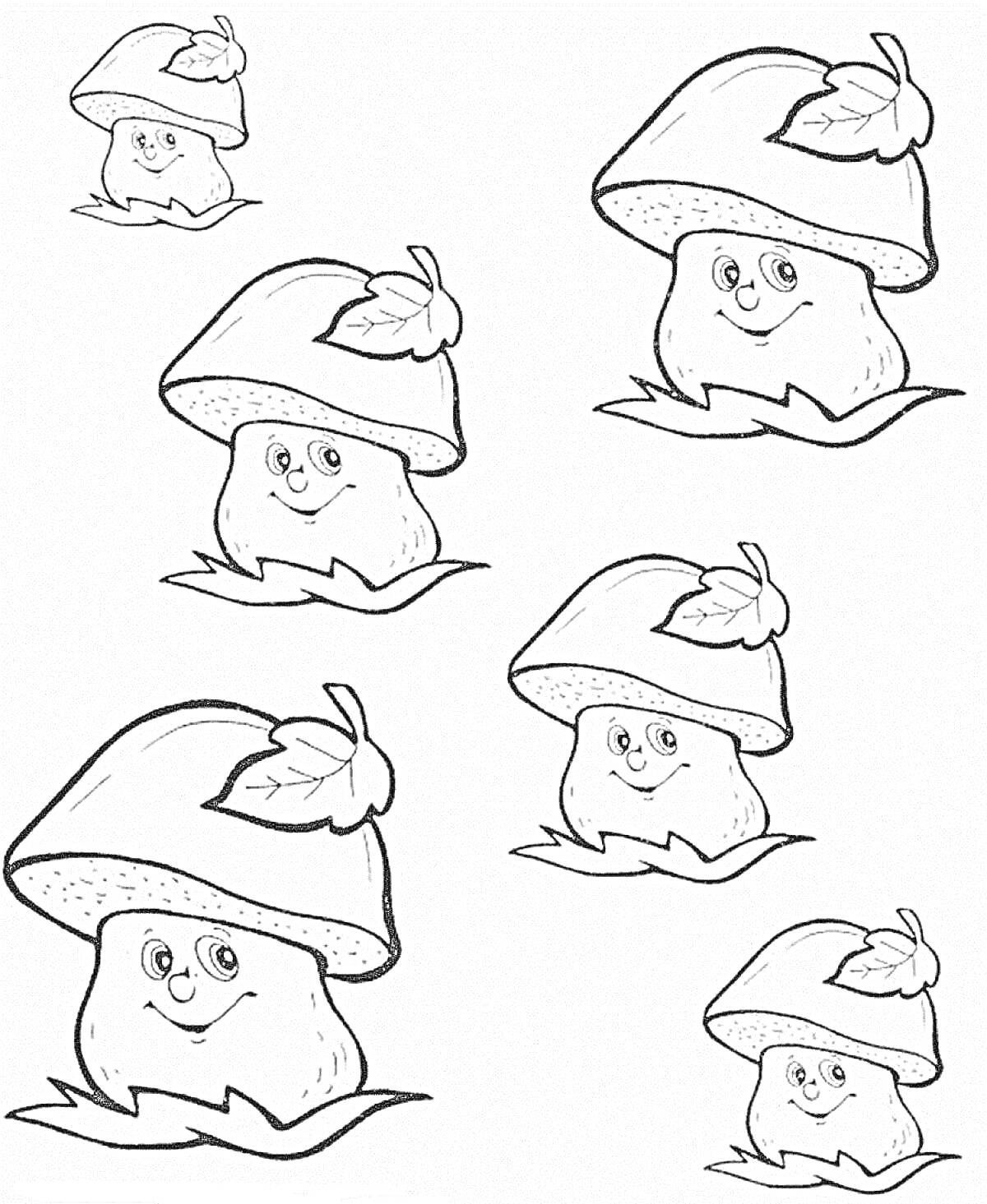 Раскраска Грибы: пять грибов с лицами и листьями на шляпках