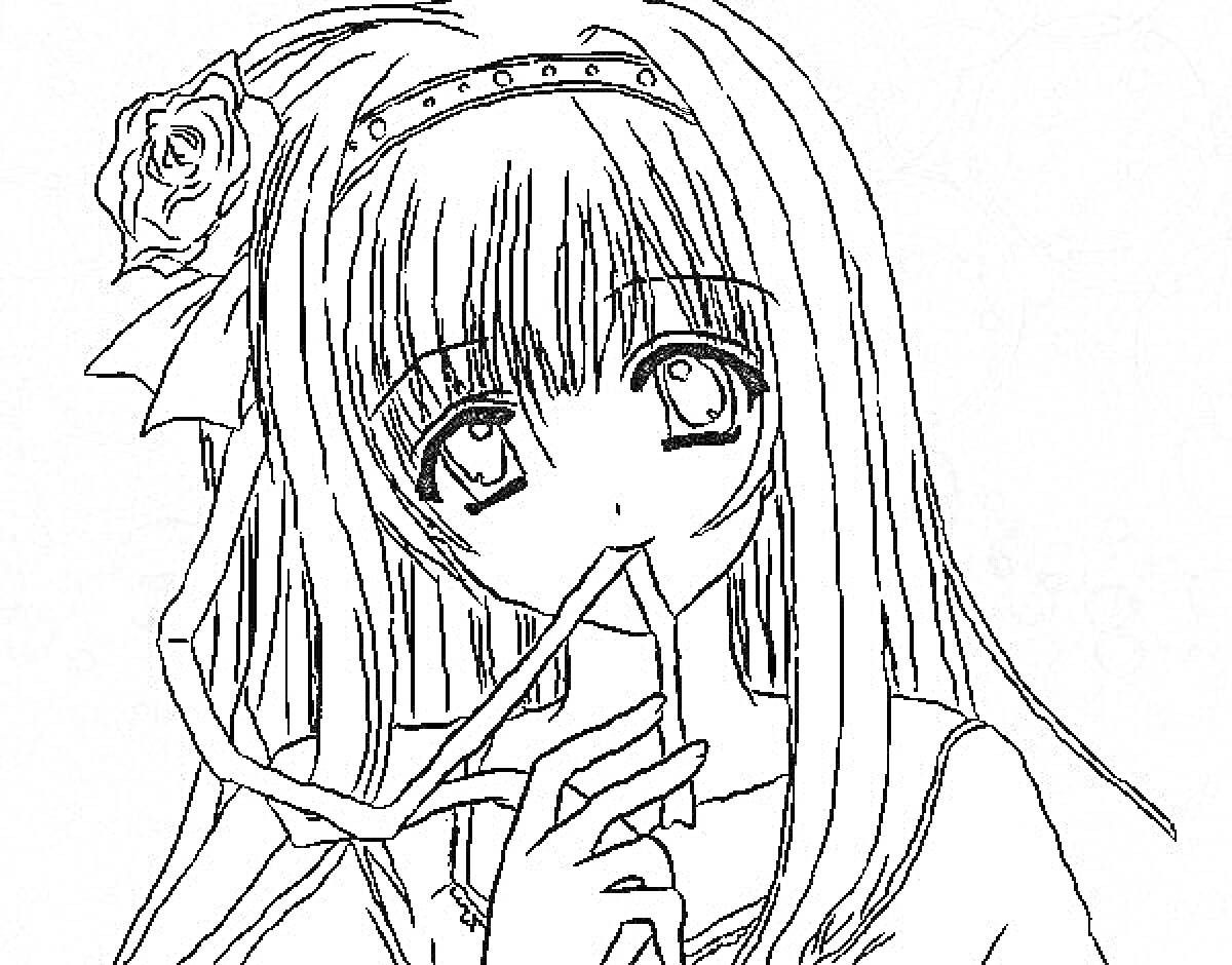 Раскраска Аниме-девочка с длинными волосами и цветком в волосах на фоне розового и бежевого блеска
