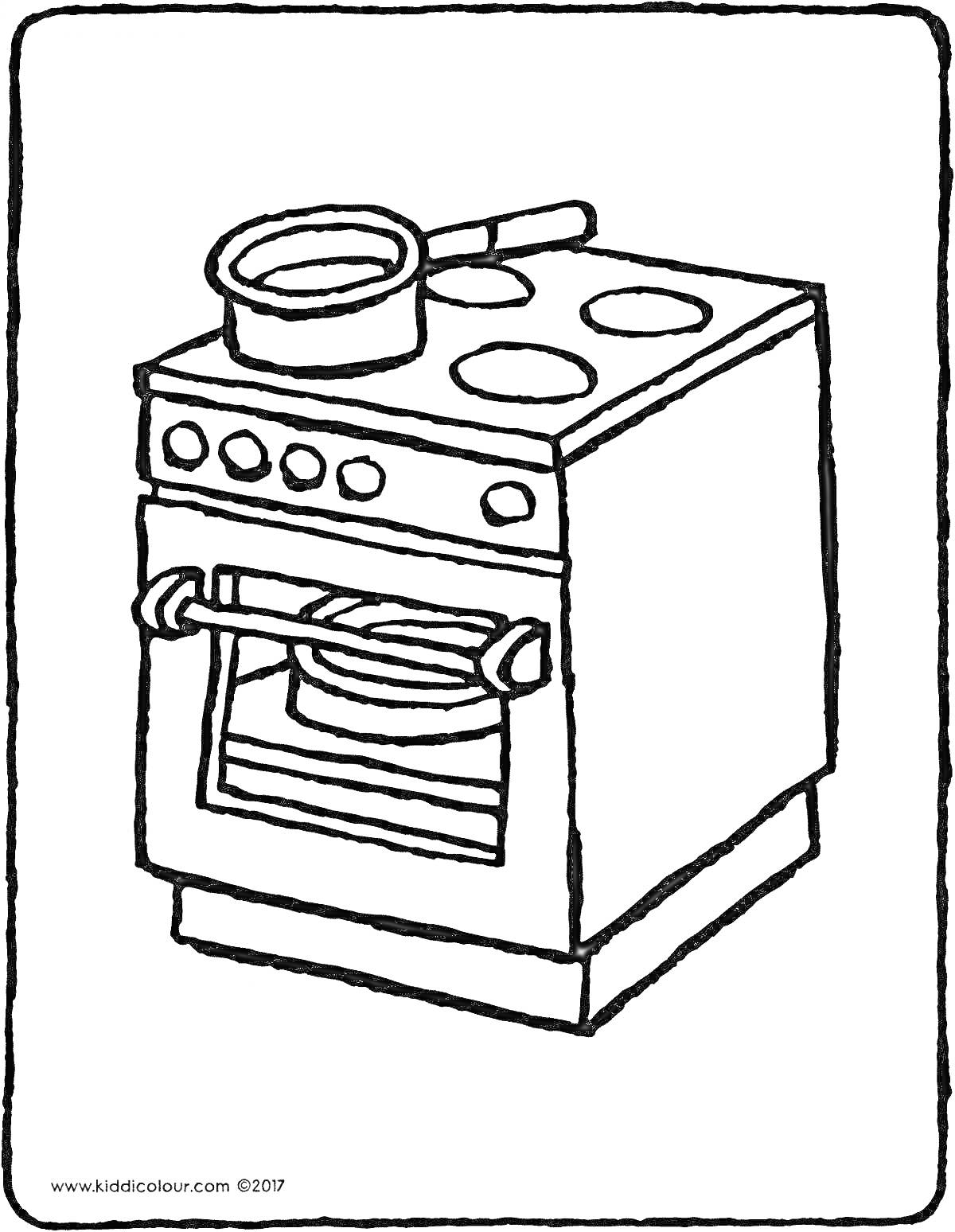 Раскраска Газовая плита с кастрюлей на верхней конфорке