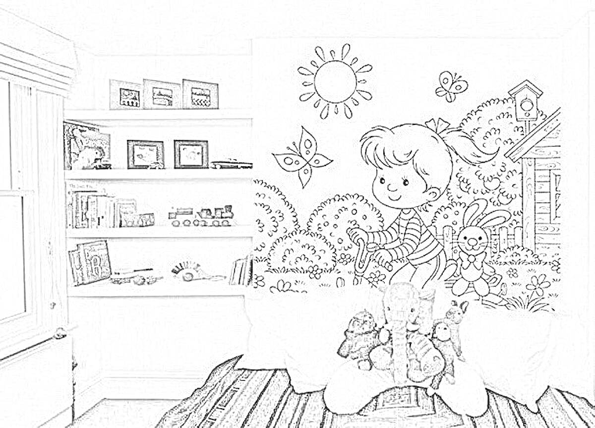 Раскраска Картинка с мальчиком, бабочками, деревьями, солнечным светом и домом возле леса