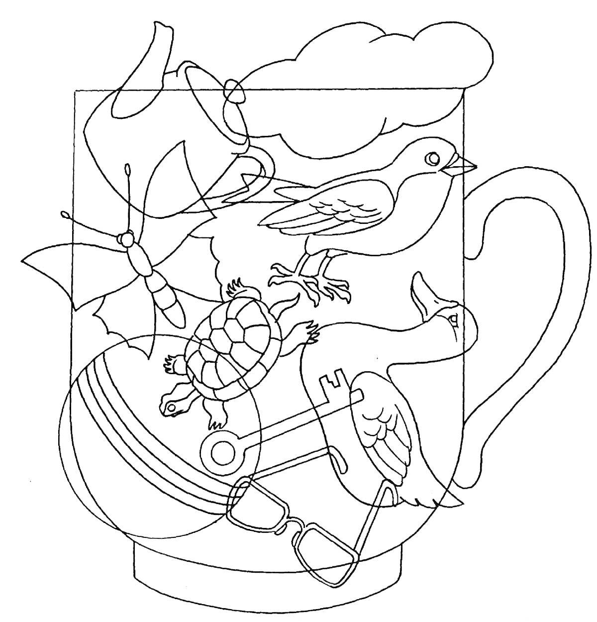 Раскраска чашка с птицей, бабочкой, чайником, черепахой, тучей, очками, уточкой, ракеткой для тенниса