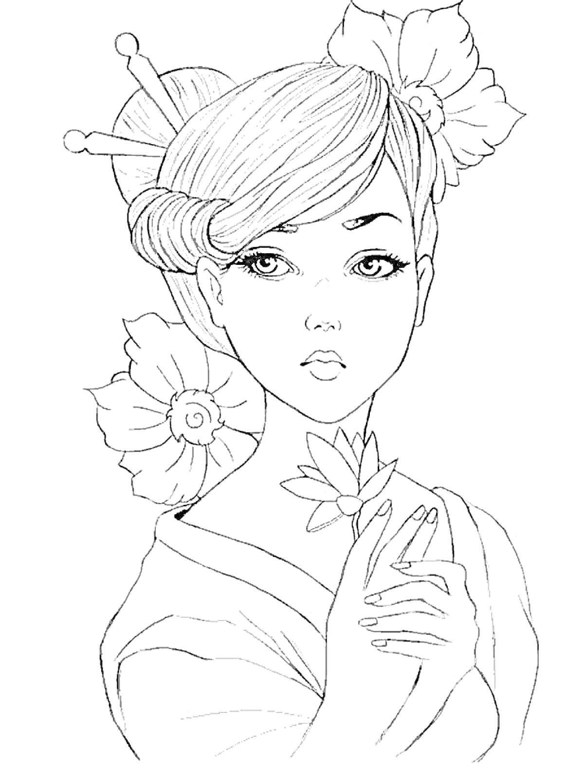 Раскраска Девушка с цветком в руках, заколками в волосах и цветами за ушами