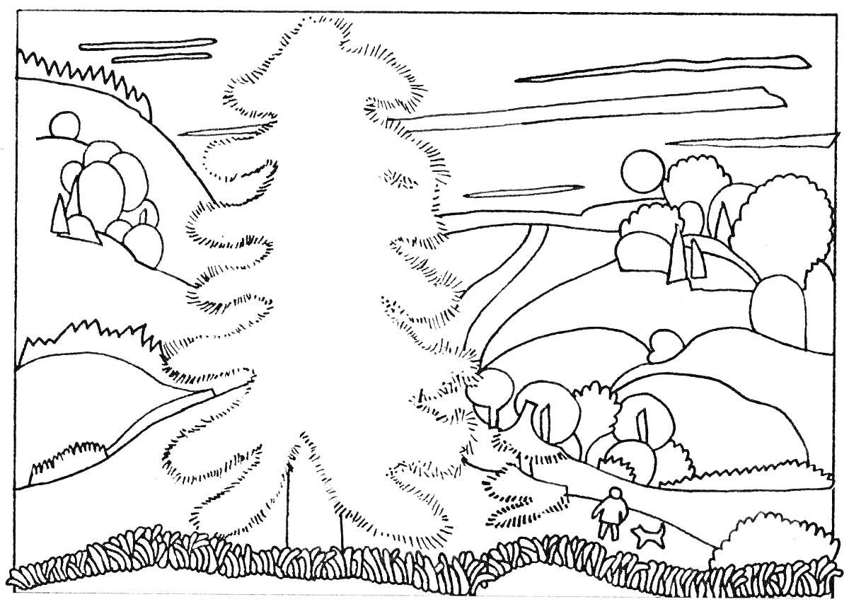 Раскраска Зимний пейзаж с елкой, холмами, деревьями и людьми на дороге