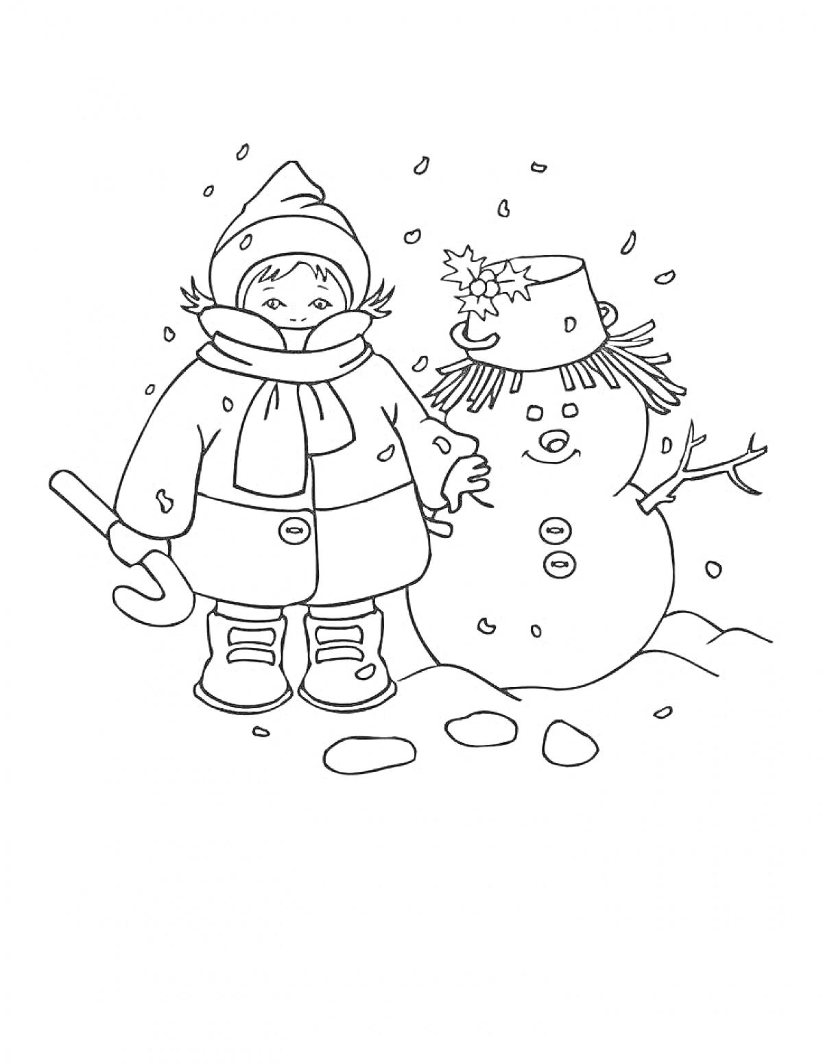 Раскраска Ребенок в зимней одежде рядом со снеговиком с ведром на голове и ветками вместо рук, падает снег