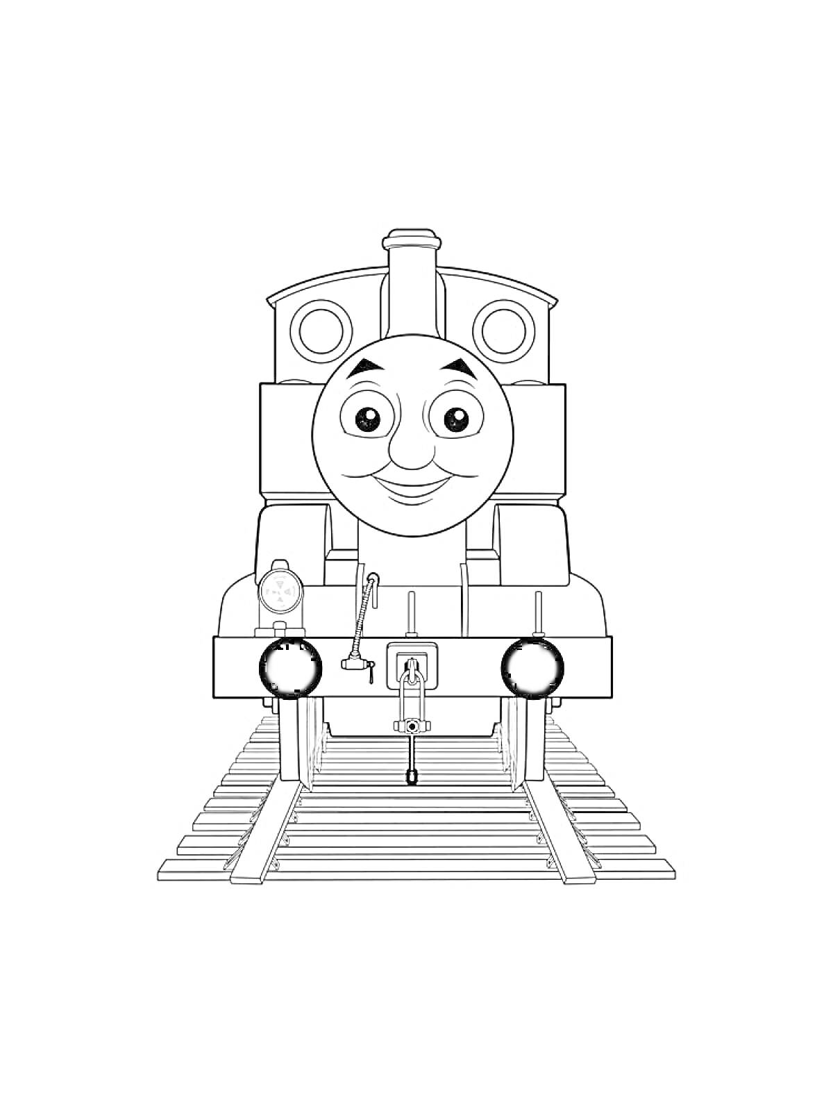 На раскраске изображено: Железнодорожные пути, Из мультфильмов, Транспорт, Паровоз, Поезд, Ландшафт, Для детей, Томас и его друзья