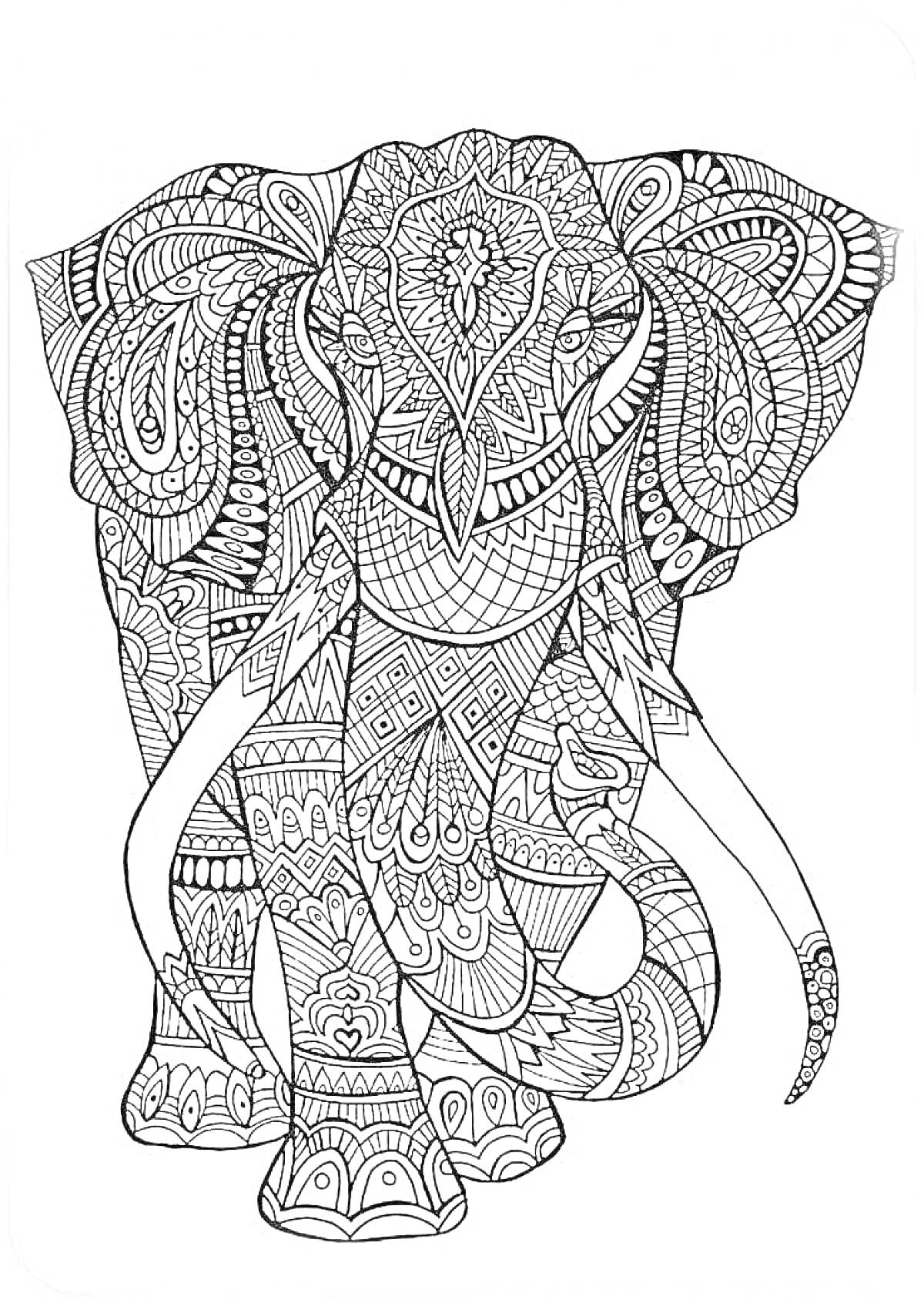 На раскраске изображено: Слон, Орнамент, Узоры, Антистресс, Арт-терапия, Животные