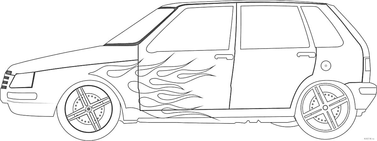 Раскраска Ока с огненным рисунком на кузове, с большими колесными дисками