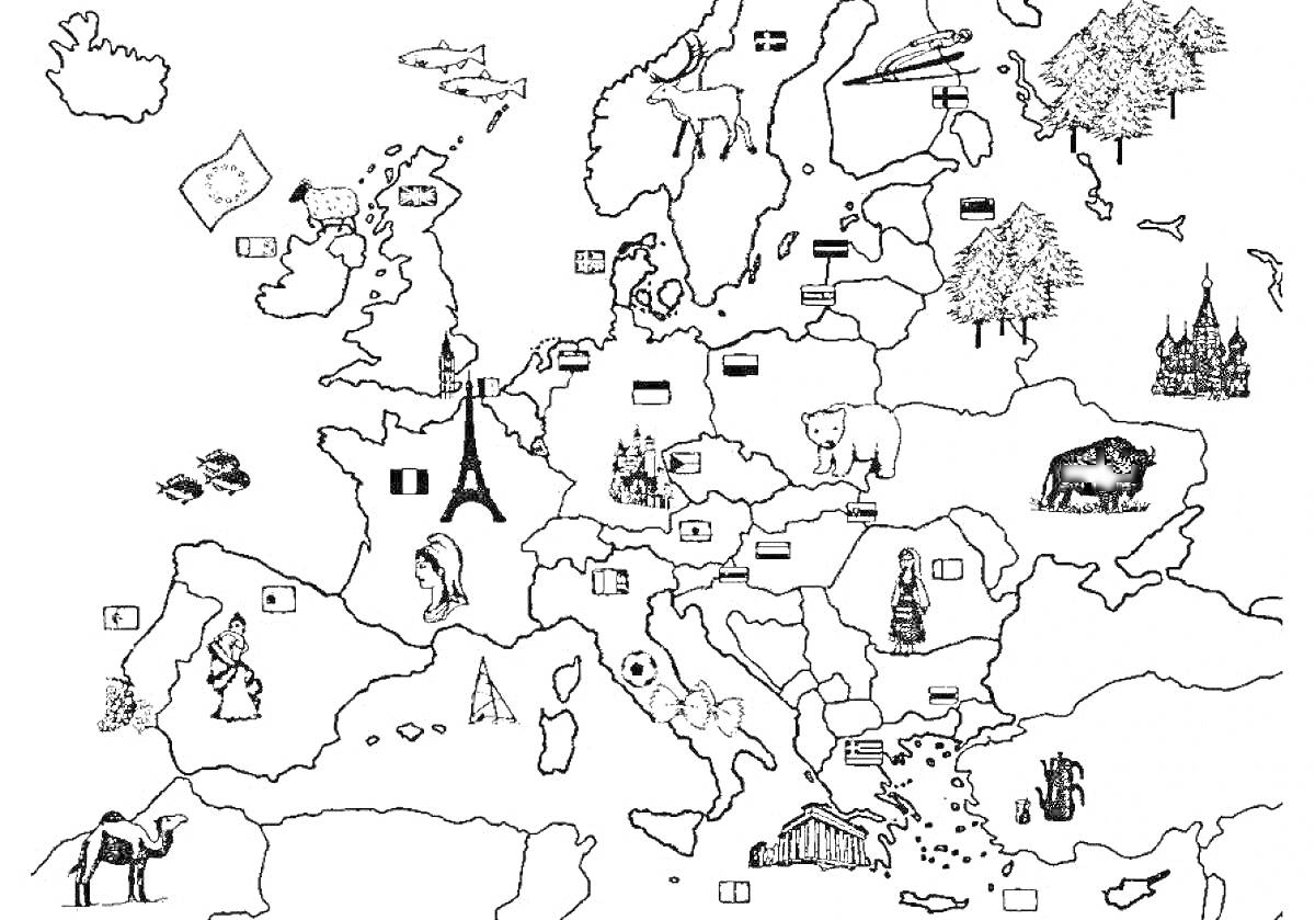 Раскраска карта Европы с обозначениями знаковых достопримечательностей и животных от разных стран.
