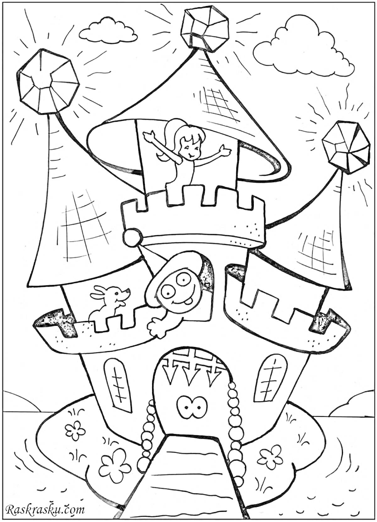На раскраске изображено: Замок, Принцесса, Башни, Облака, Цветы, Речка, Природа, Алмаз, Собака