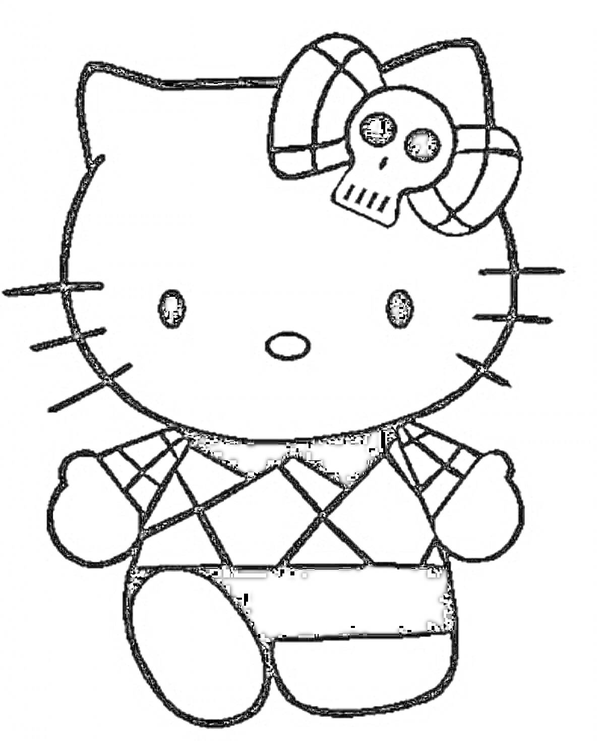 Раскраска Hello Kitty с черепом на бантике и одеждой в клетку