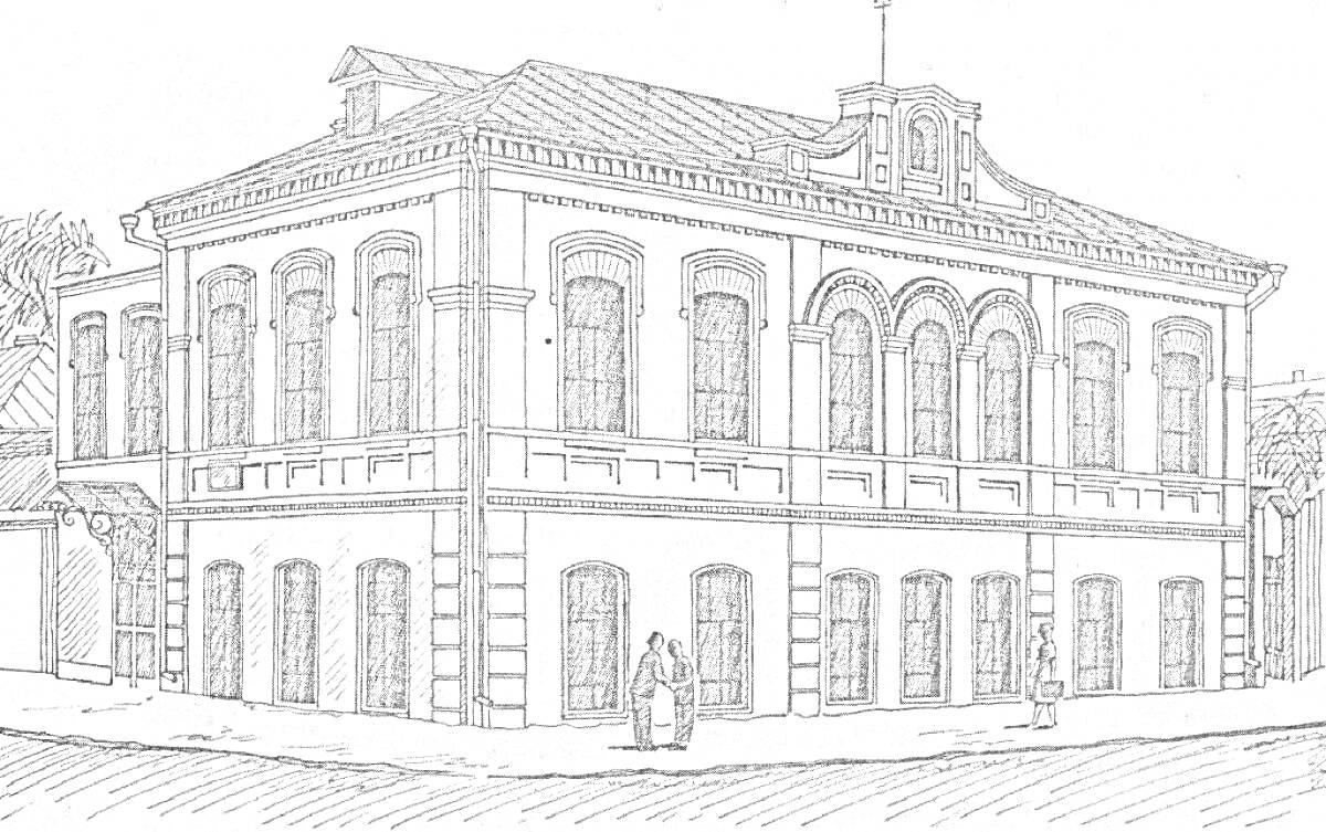 Раскраска Дом Павлова с двумя представленными фигурами, окнами, крышей и архитектурными элементами