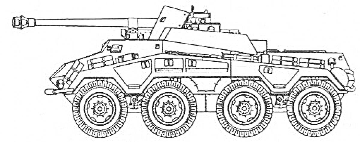 Раскраска Броневик с пушкой, шесть осей, восемь колес, бронебойный корпус, смотровые окна, люк для башни