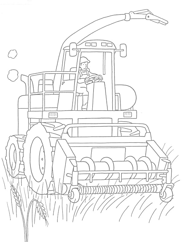 Раскраска Комбайн с водителем в поле, трава, вид сбоку