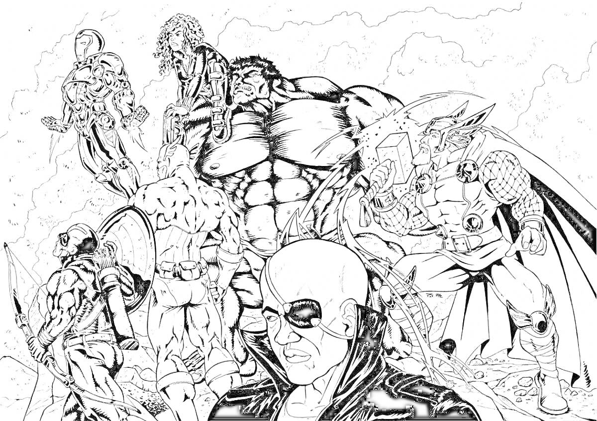 Раскраска Мстители - группа супергероев в боевых позах: большой разрушитель, воин в доспехах с молотом, лучник, солдат с щитом, лидер с повязкой на глазу