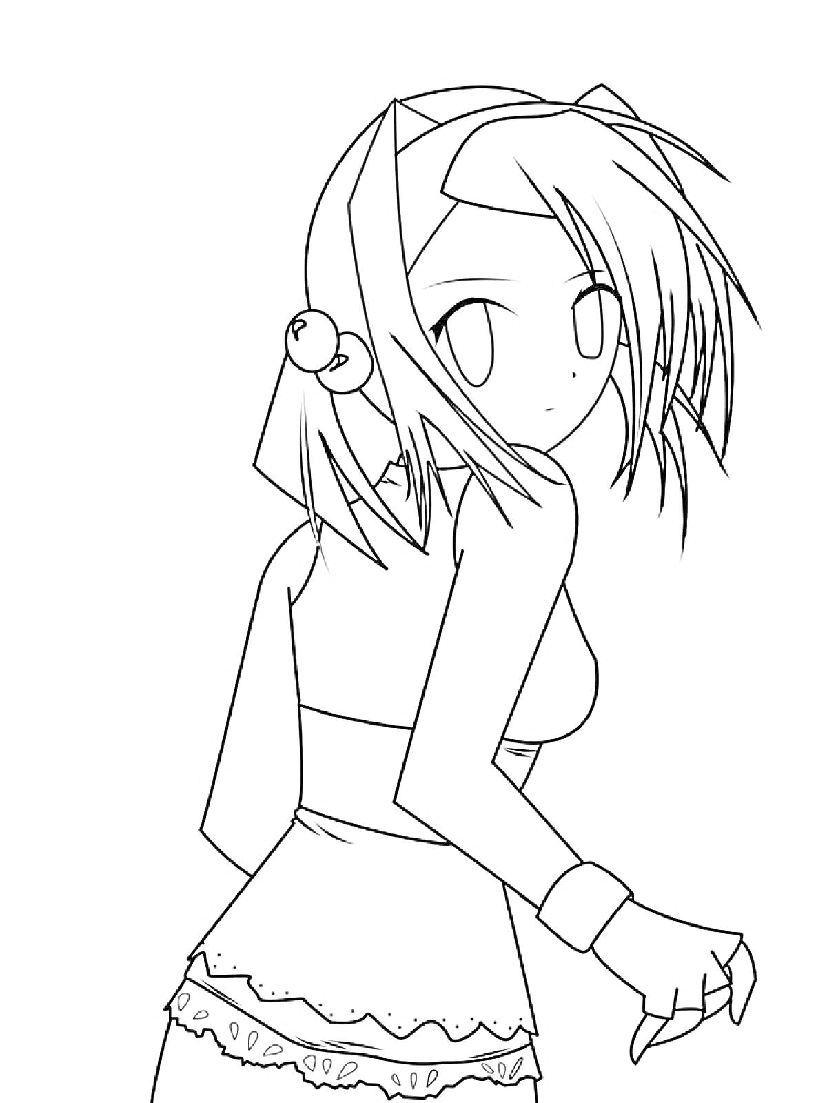 Раскраска Девушка в аниме стиле с короткими волосами, резинкой на голове и в блузке с юбкой с кружевами.
