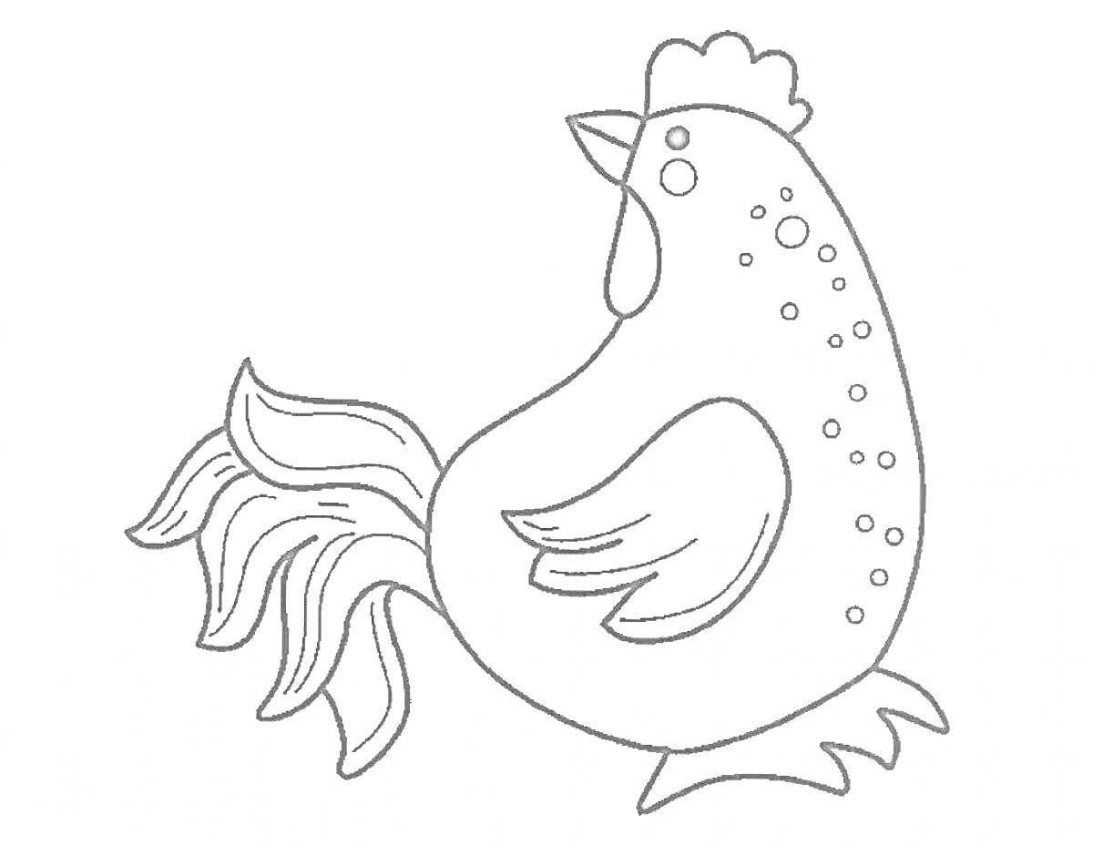 Раскраска курочка с узорами на теле, с хвостиком, крыльями и гребнем