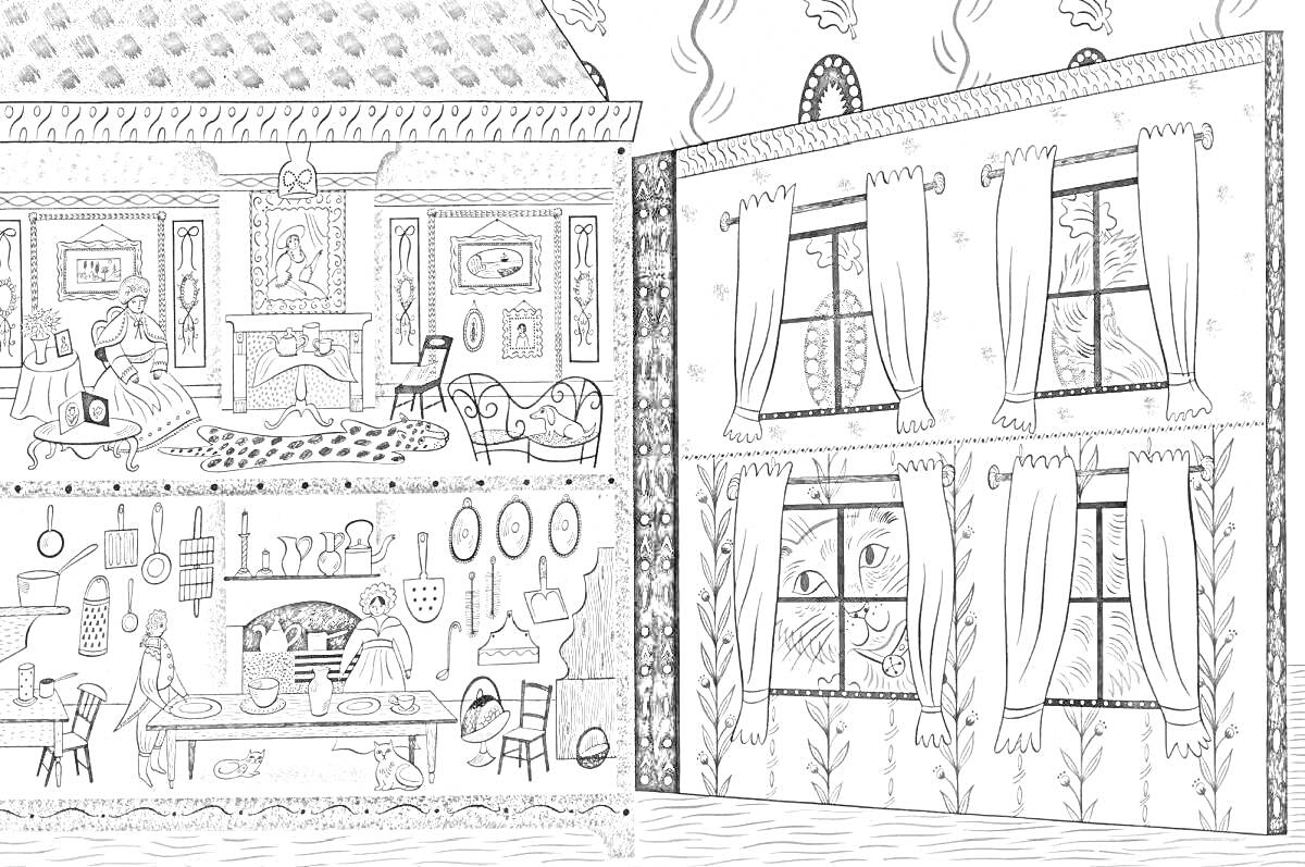 Раскраска Кукольный домик с гостиной, обеденной зоной и фасадом с окнами и занавесками