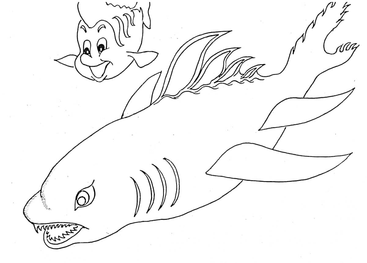 На раскраске изображено: Рыба, Зубы, Улыбка, Подводный мир, Большой хвост, Плавники