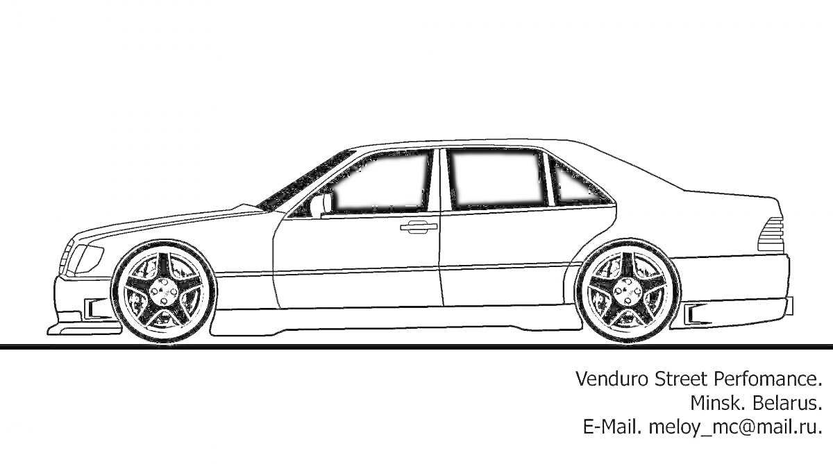 Эскиз автомобиля Mercedes W140 с контактной информацией на заднем плане.