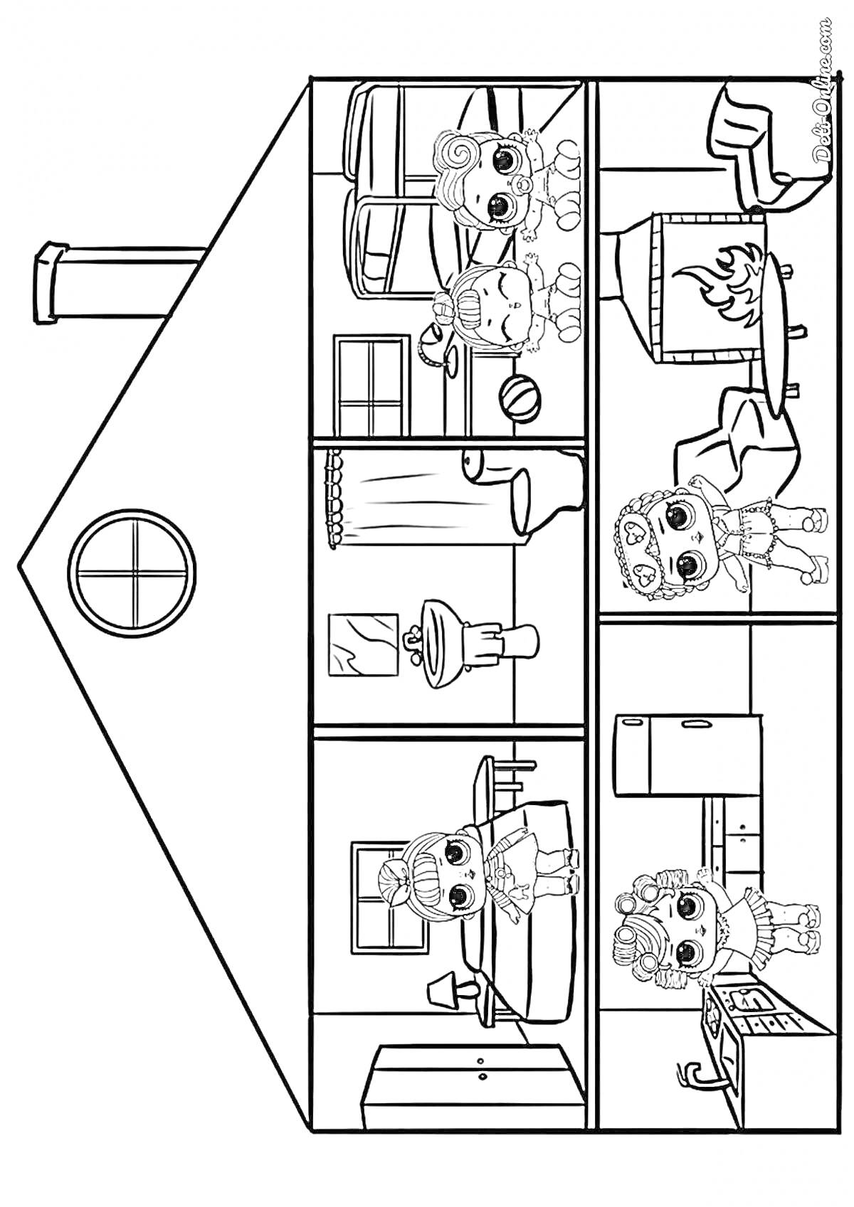 Раскраска Домик ЛОЛ с персонажами, мебелью и декорациями