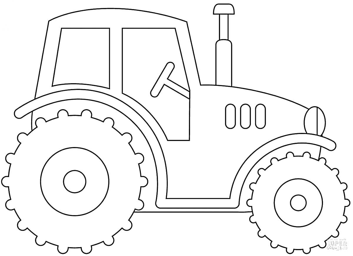 На раскраске изображено: Трактор, Для детей, Большие колеса, Дверь, Руль