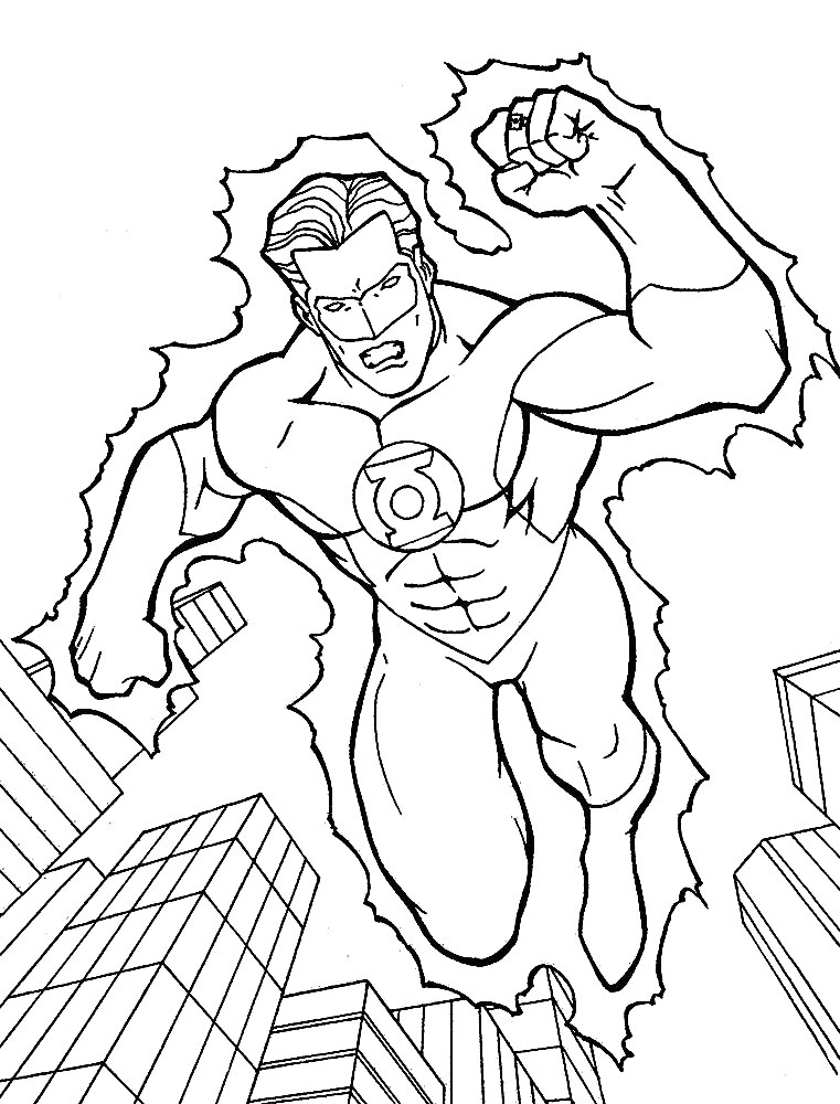Супергерой в костюме с эмблемой кольца, парящий над городом с высокими зданиями
