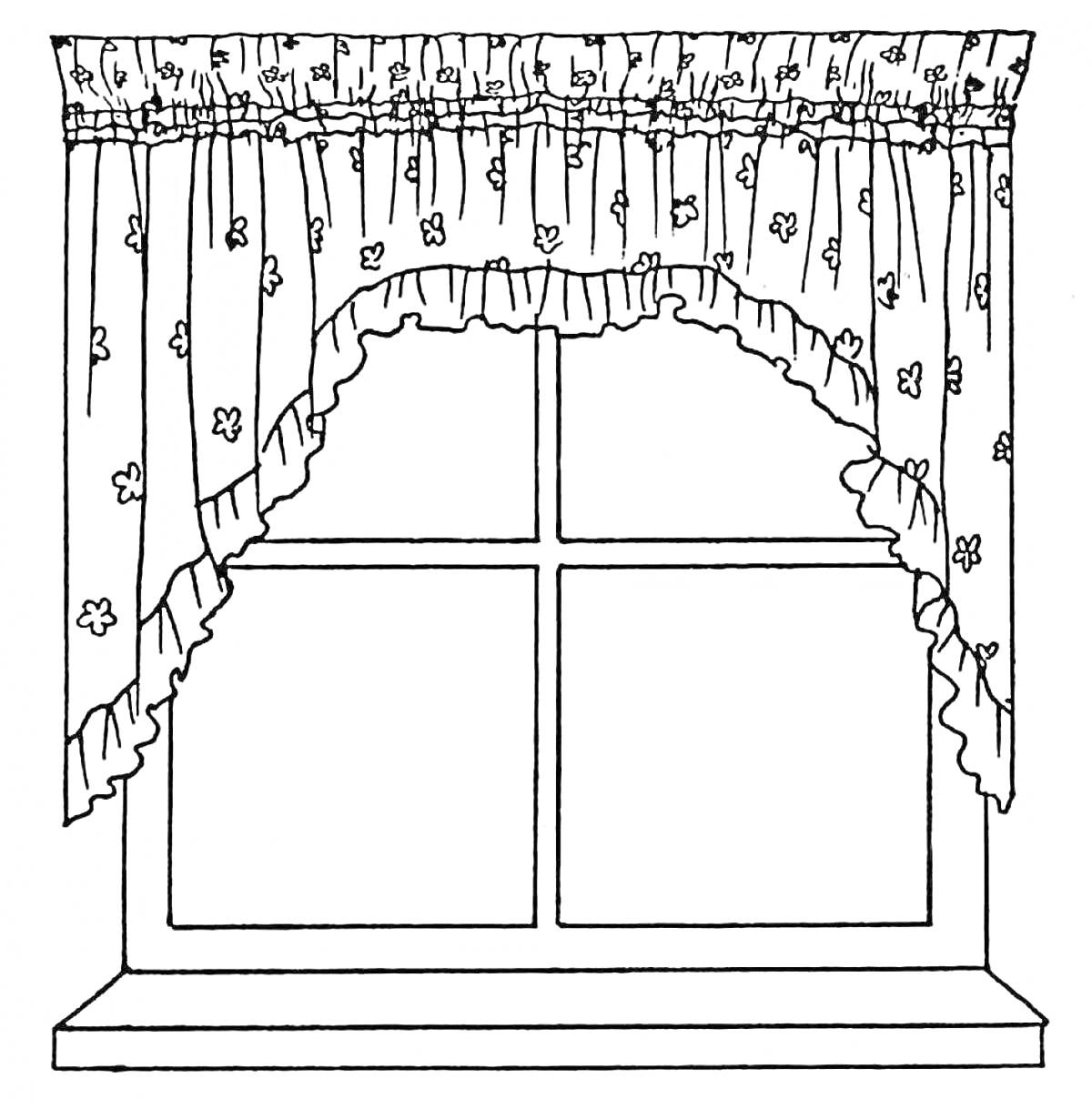 Раскраска Окно с занавесками и узором в виде цветов