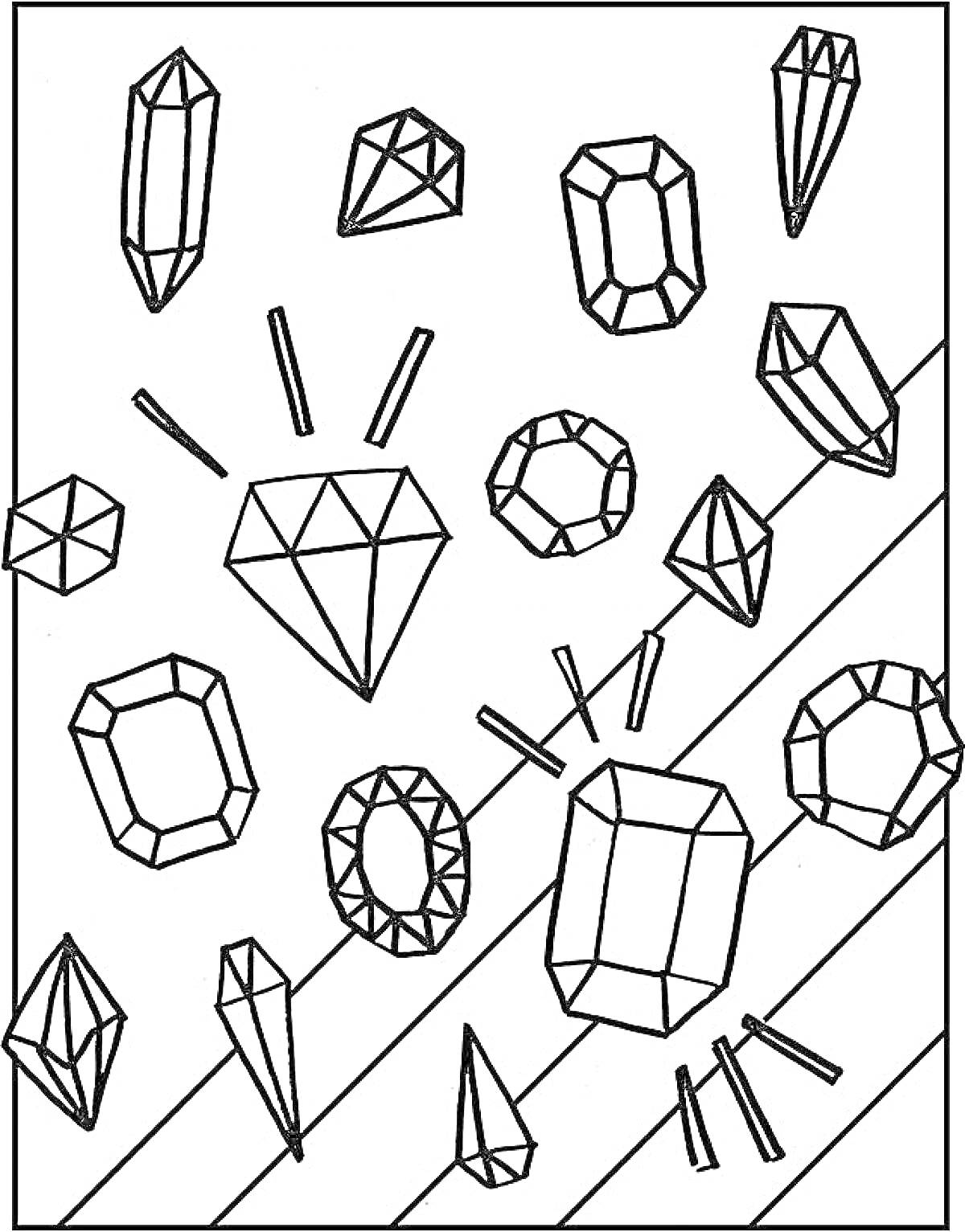 Раскраска Разные формы алмазов на фоне с диагональными линиями