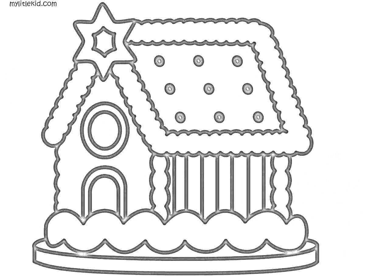 На раскраске изображено: Дом, Пряничный домик, Окна, Крыша, Украшения, Для детей