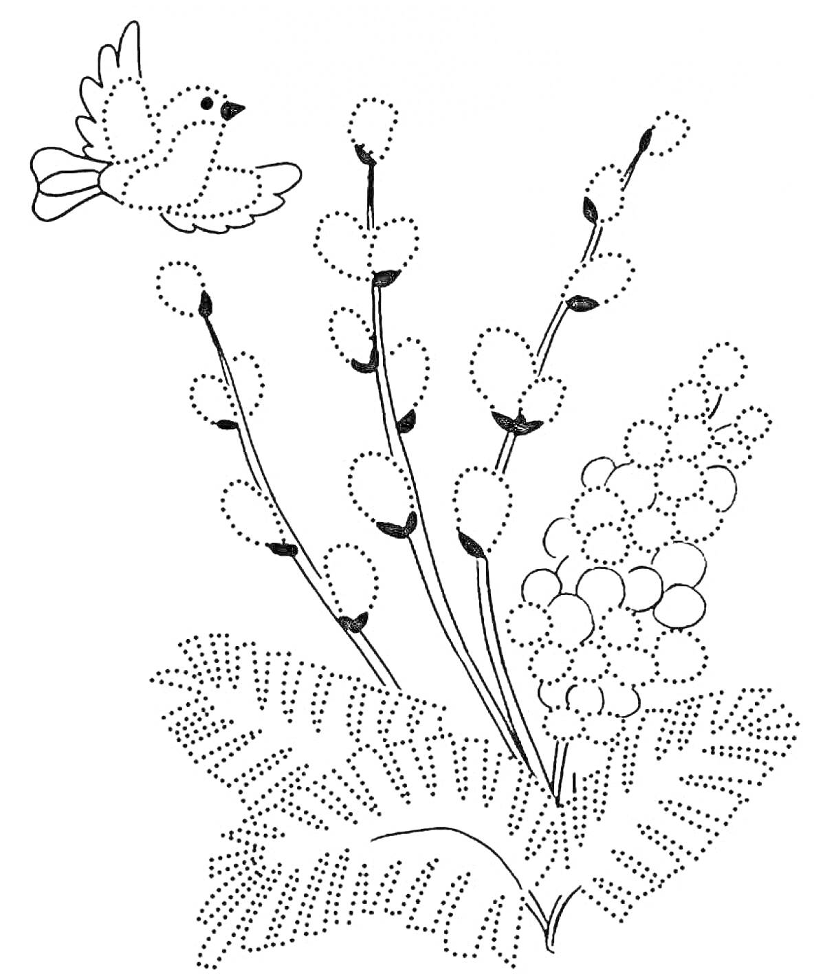 Раскраска Птица и весенние цветы вербы и сирени