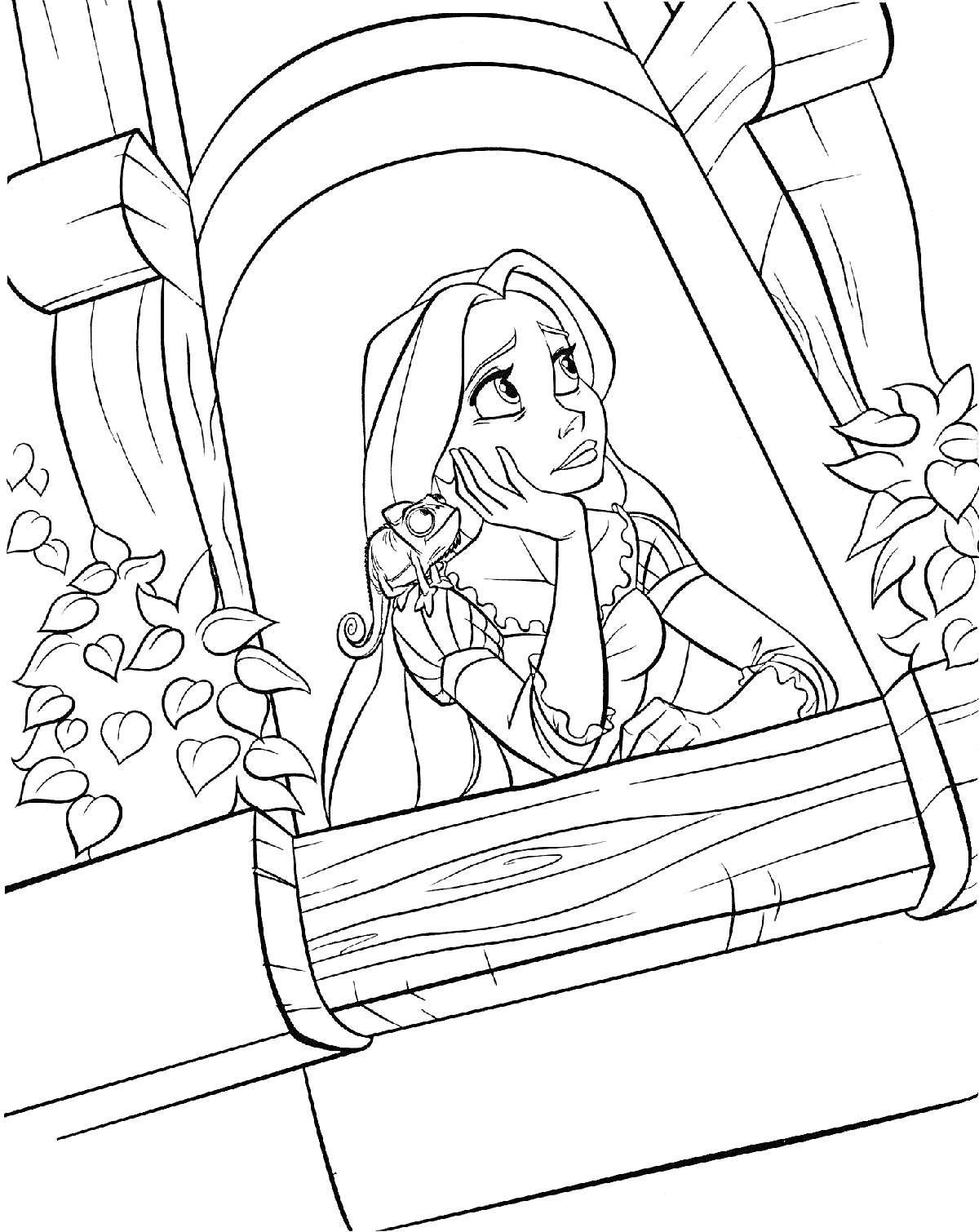 Раскраска Девочка с длинными волосами на балконе с ящерицей и растениями
