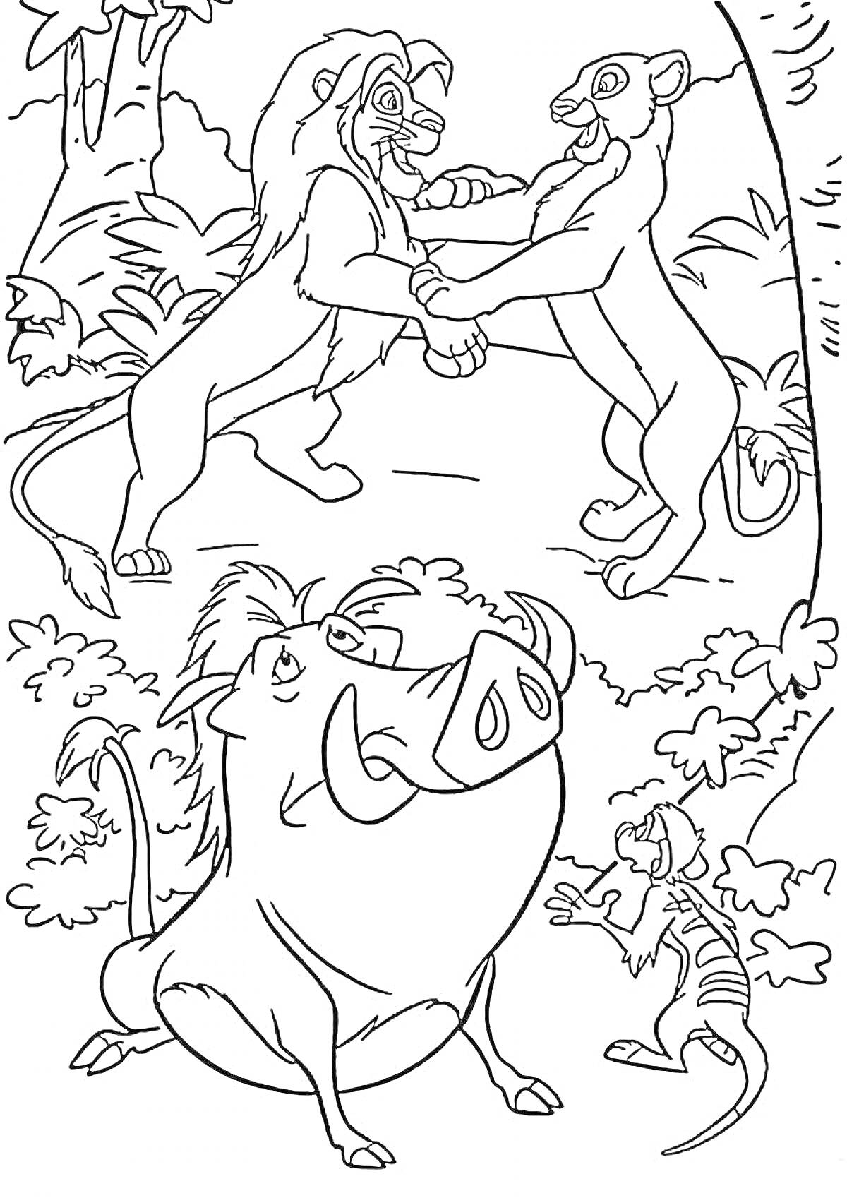 На раскраске изображено: Король лев, Львы, Бородавочник, Сурикат, Природа, Джунгли, Животные