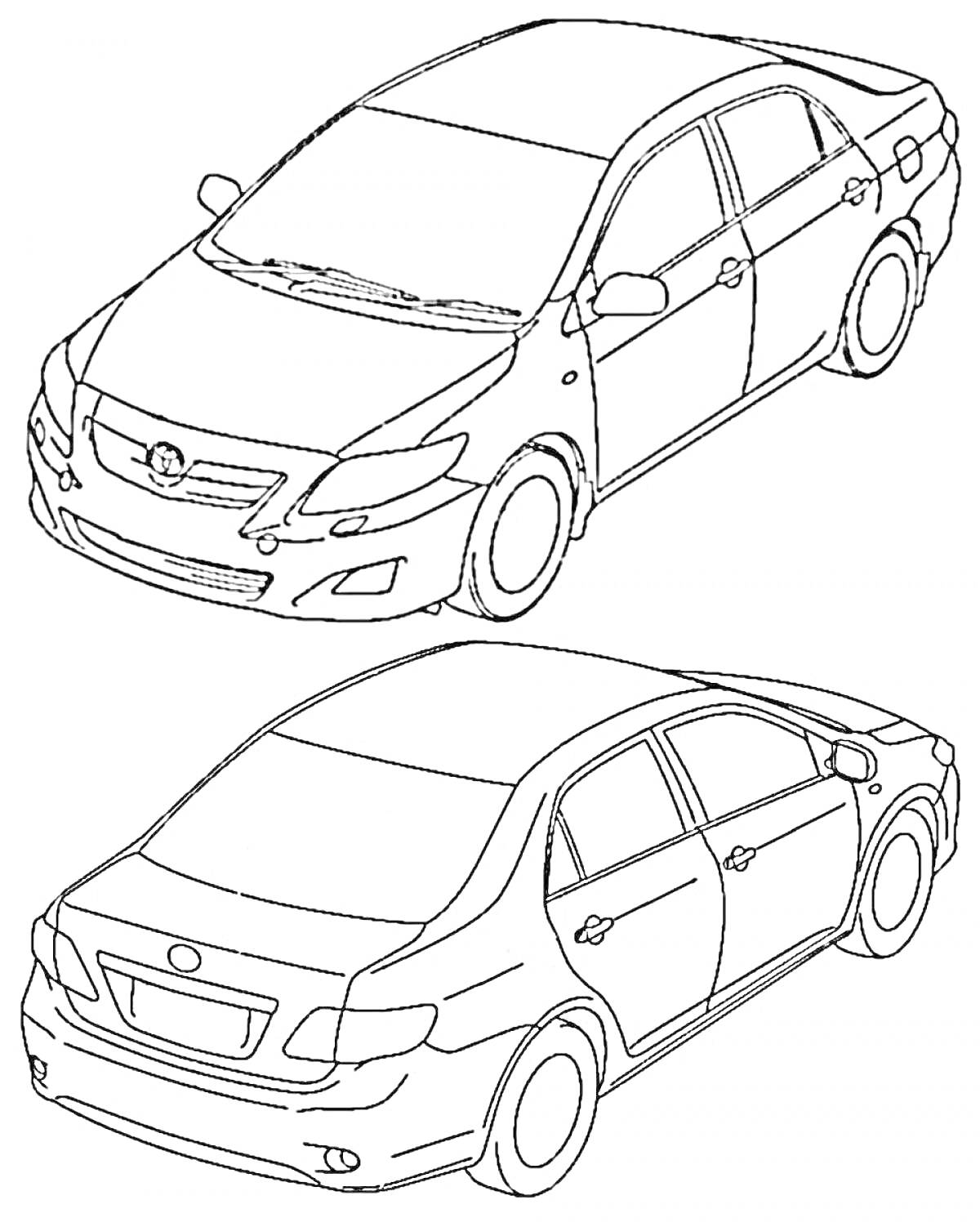 Раскраска Тойота Королла с двух ракурсов (вид спереди слева и вид сзади справа)
