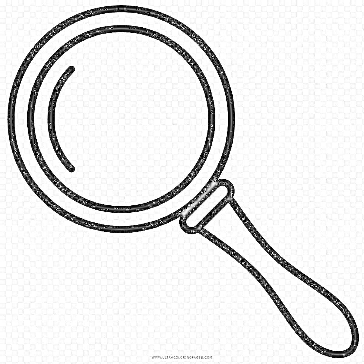 На раскраске изображено: Лупа, Увеличительное стекло, Инструмент, Оптика, Ручка, Круглая форма