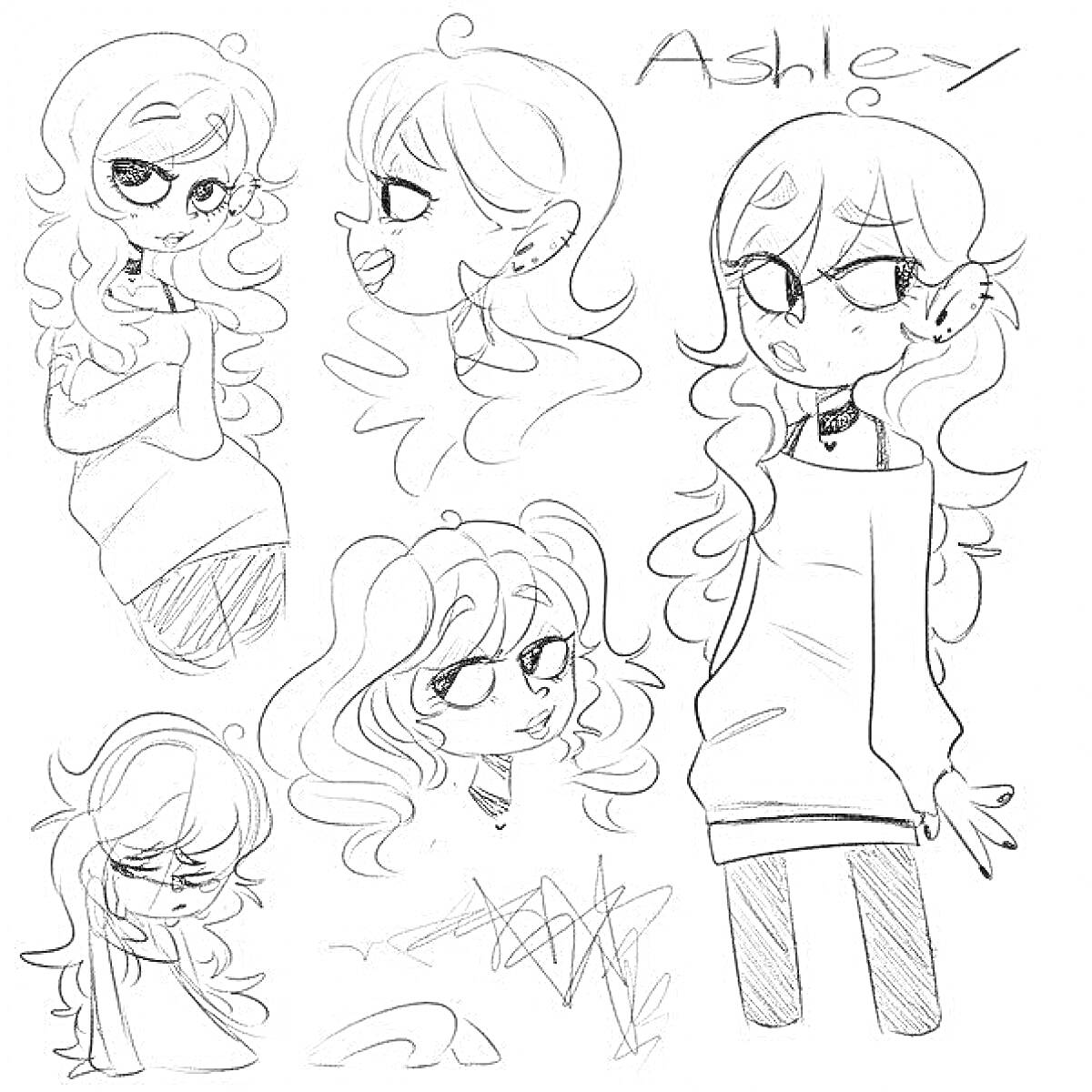 Раскраска Раскраска с несколькими изображениями героини по имени Ashley с разными позами, крупными глазами и длинными вьющимися волосами