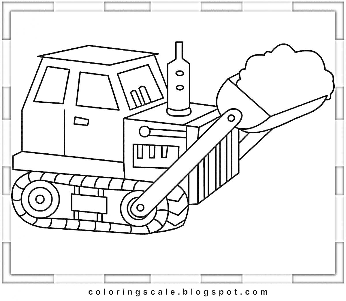 На раскраске изображено: Бульдозер, Для детей, Строительная техника, Ковш, Земля, Техника