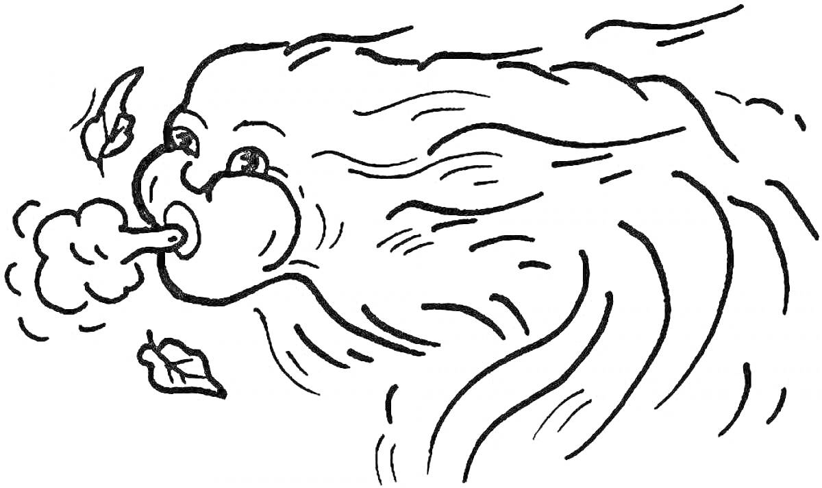 Раскраска Лицо ветра с дующими щеками и летящими листьями