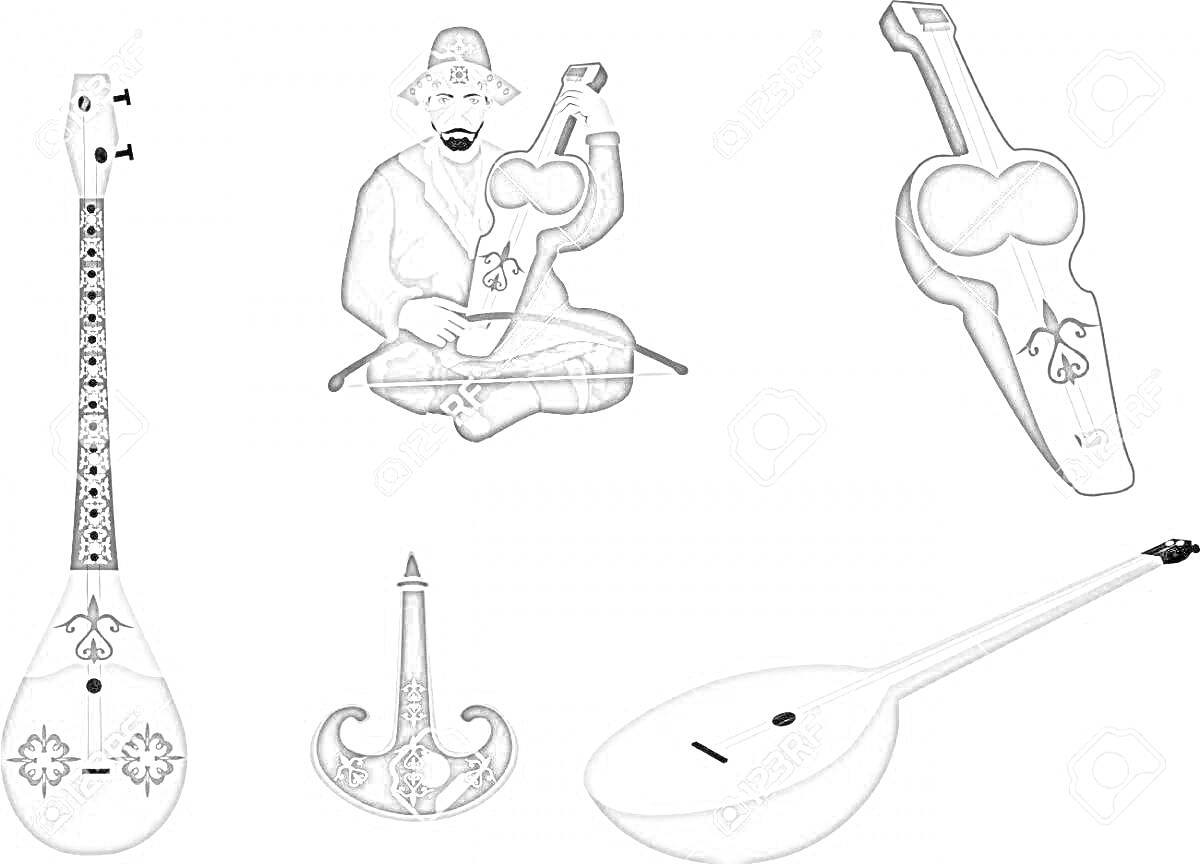 Раскраска Домбыра суреті: отырғыш адам, домбыраның мойыны, домбыраның ішегі, басы мен шанағының бөлек элементтері