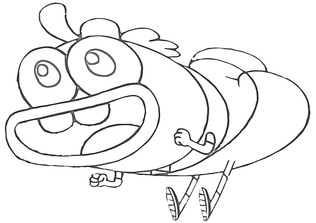 Раскраска мультипликационный персонаж с большими глазами и широким ртом, в полете