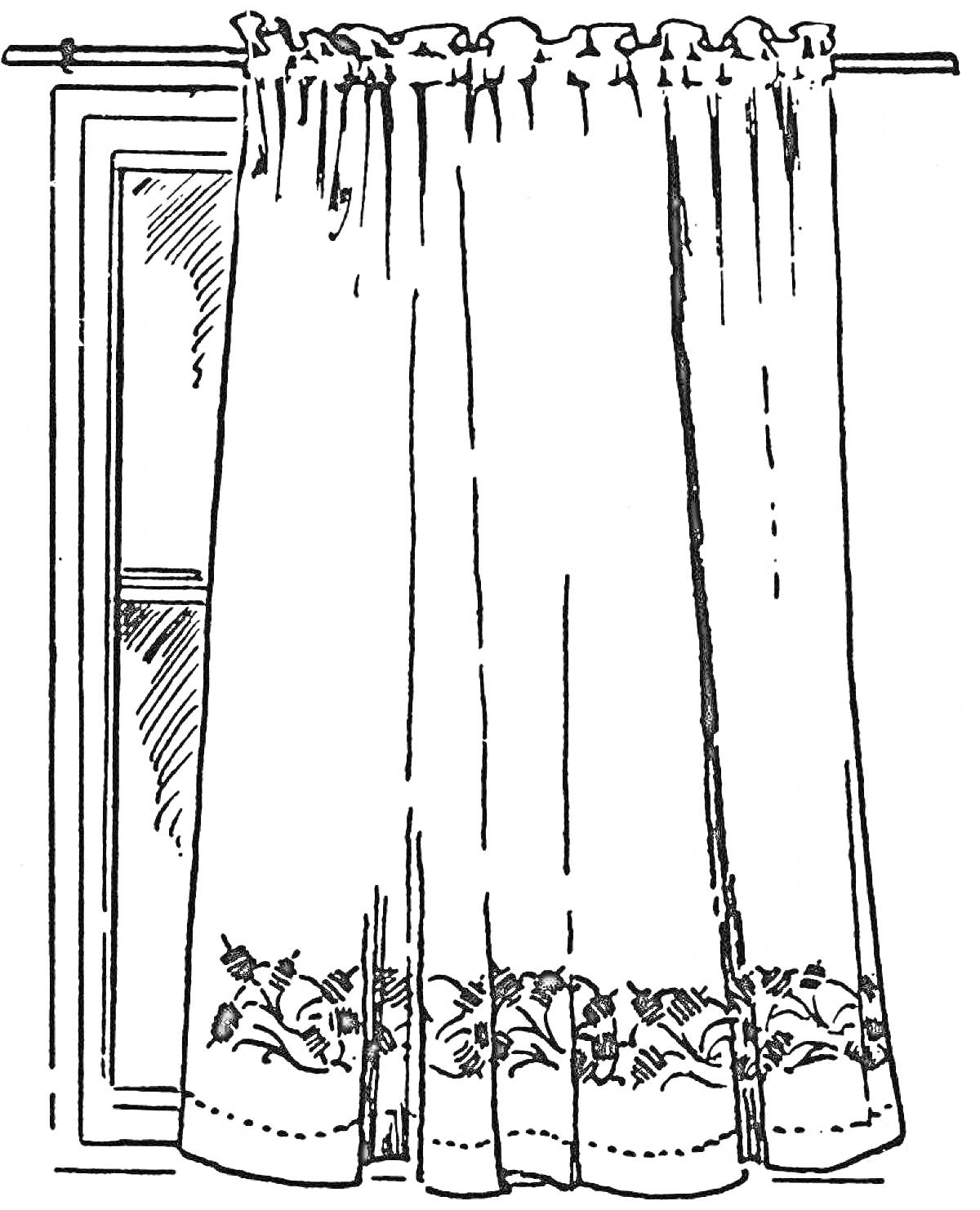 Раскраска Окно со шторами и цветочным узором на нижней части