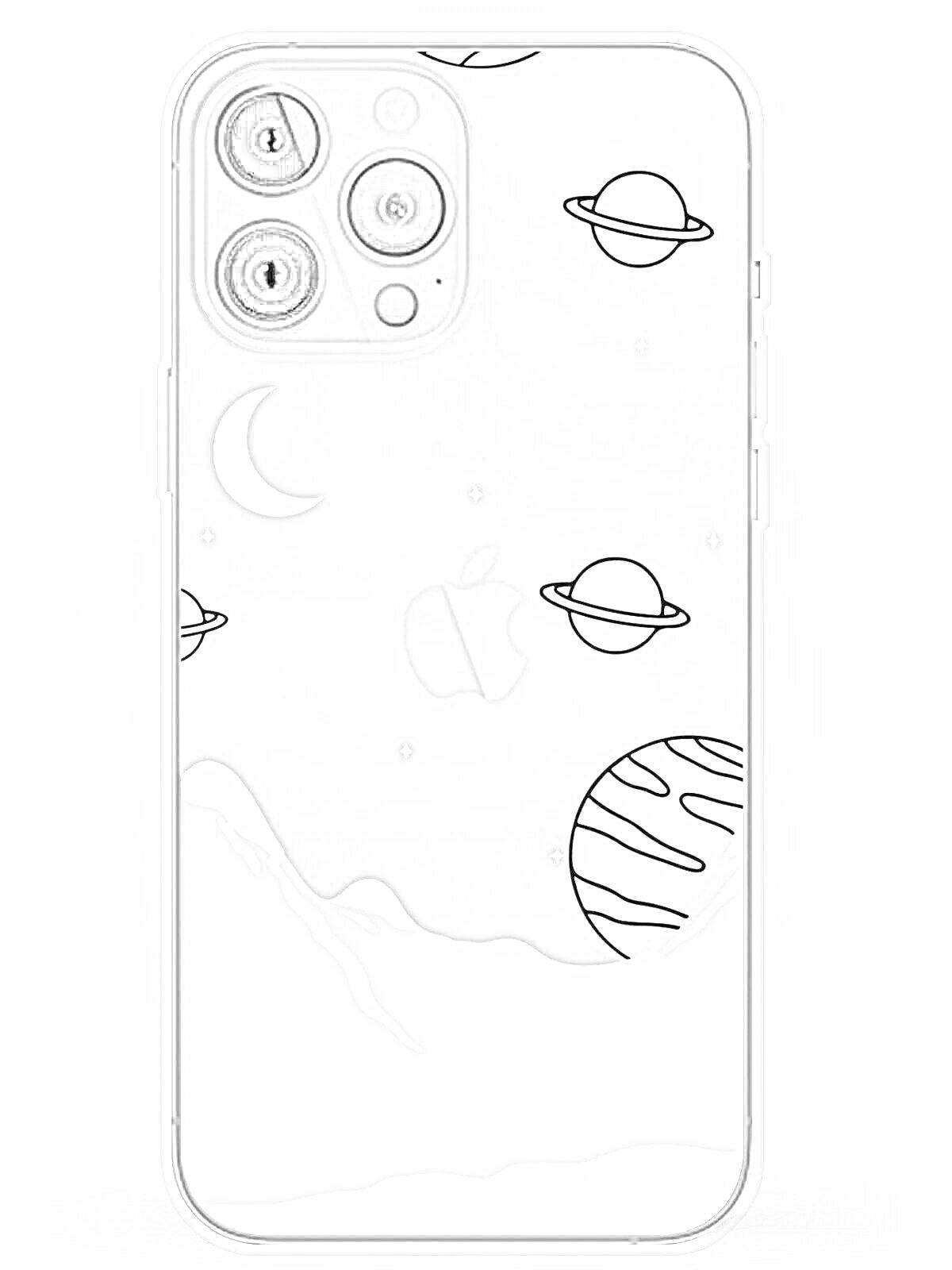Раскраска iPhone 13 Pro Max с космической темой, планетами, луной и звездами