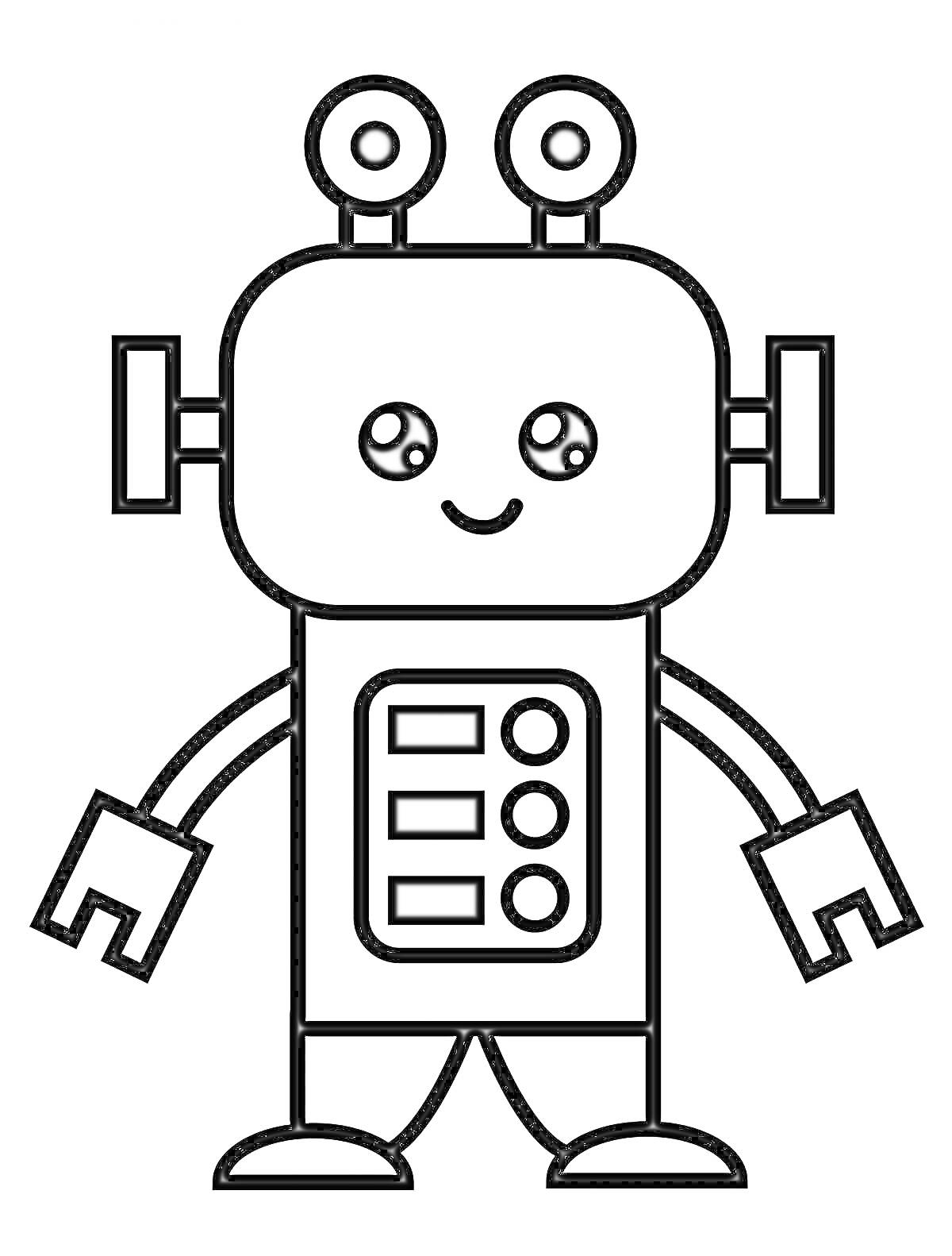 На раскраске изображено: Робот, Глаза, Улыбка, Кнопки