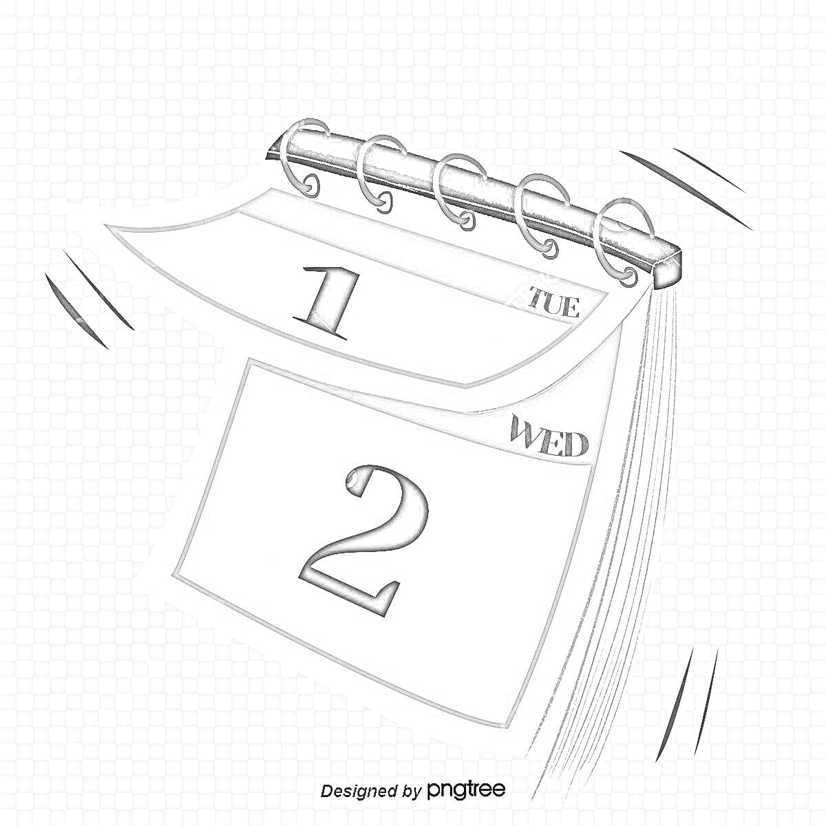 Раскраска Отрывной календарь с числами 1 и 2 и отметками дни недели вторник и среда