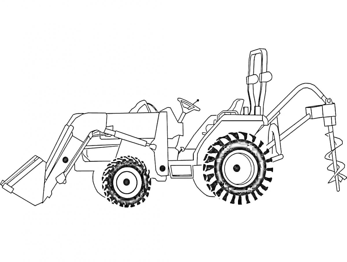 Раскраска Экскаватор с ковшом и буром, изображение включает колеса, кабину оператора, рычаги управления, рычаги ковша и бура