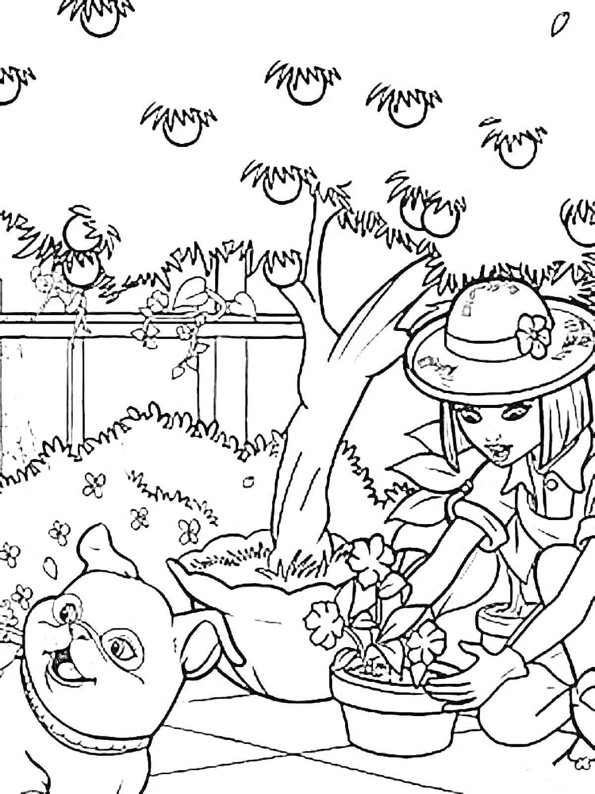 Раскраска Девочка с собачкой в саду, деревья с яблоками, забор, цветы и кусты