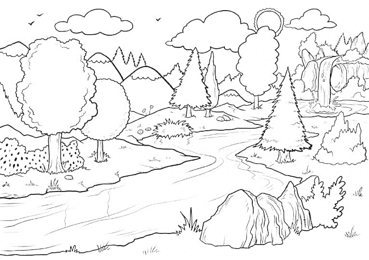 Раскраска Пейзаж родного края с речкой, деревьями, горами, кустарниками и водопадом