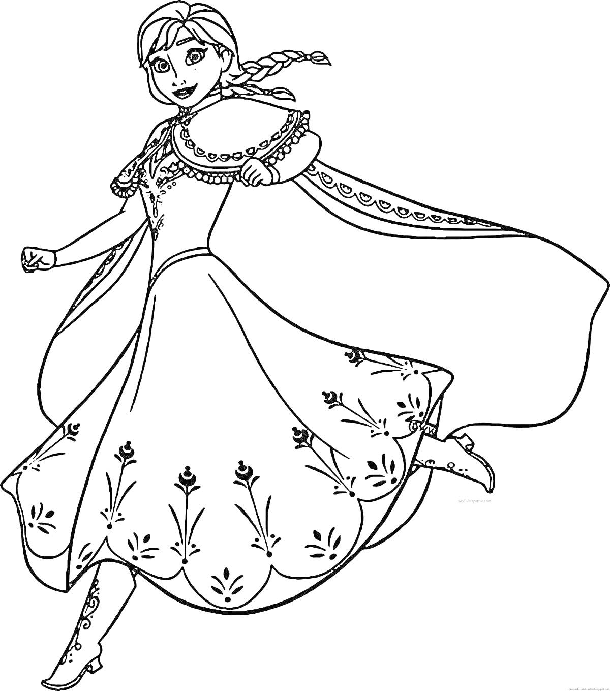 Раскраска Девочка Анна бежит в платье с узорами, с косичками и плащом