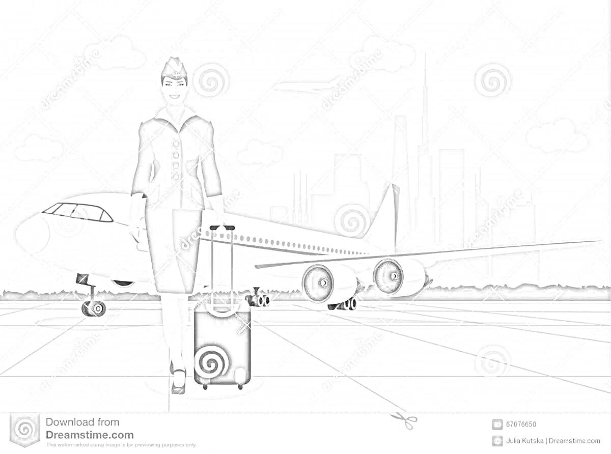На раскраске изображено: Стюардесса, Взлетная полоса, Небоскребы, Облака